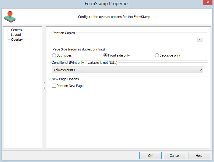 Form stamp properties dialog. Overlay is selected from the tree on the left. On the right, you can choose which copies to print the overlay on, select a print condition from the drop down, and force the overlay to print on a new page. If you are using duplex printing, you can select which side of the page to print the overlay on, or you can choose to print it on both sides. 